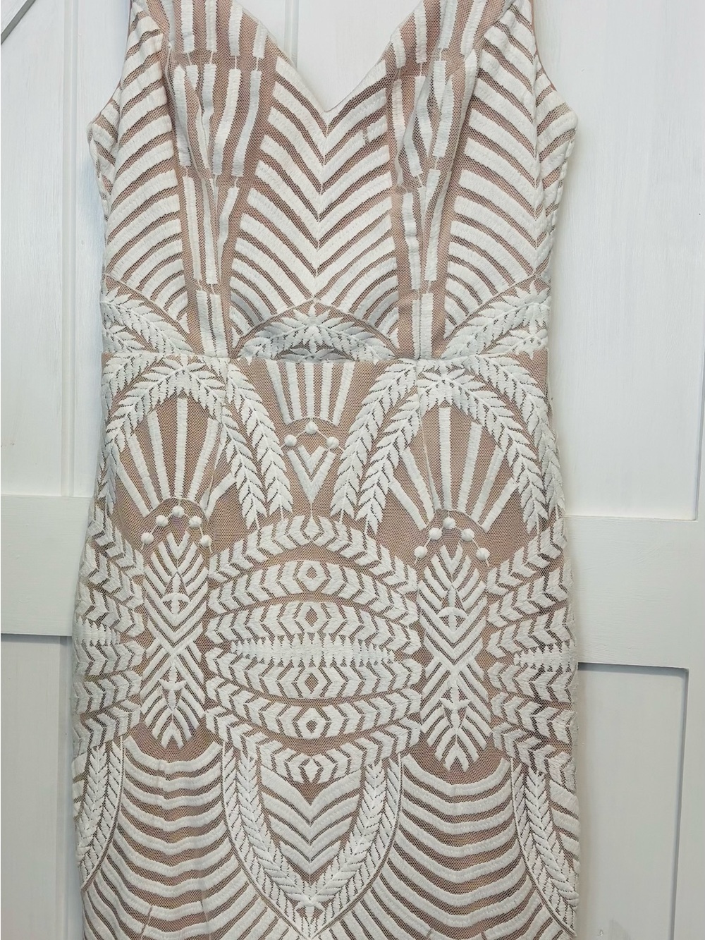 Hello Molly Nude and White Embroidered V‑Neck Midi Dress